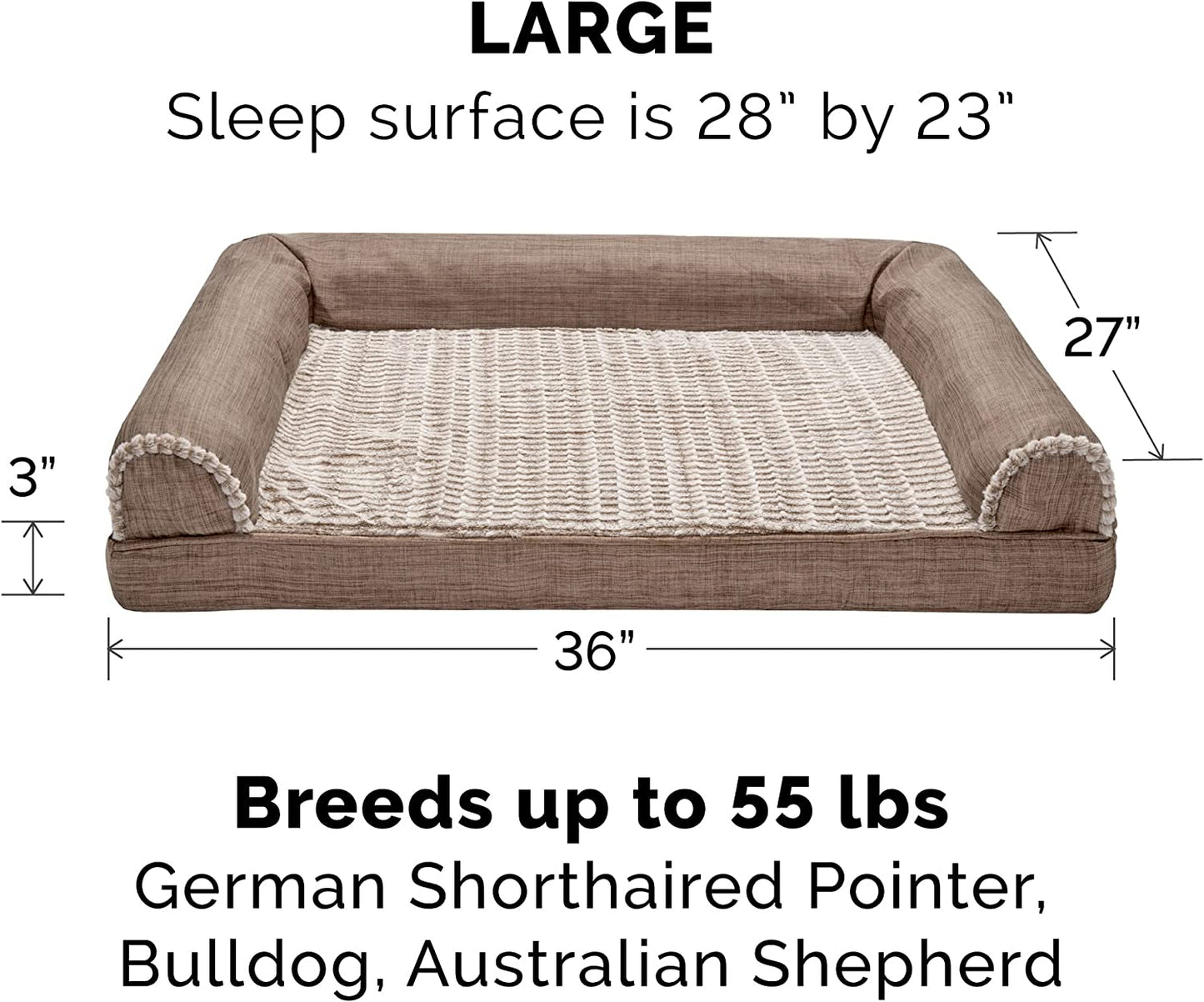 Orthopedic Dog Bed for Large/Medium Dogs W/ Removable Bolsters & Washable Cover, for Dogs up to 55 Lbs - Luxe Faux Fur & Performance Linen Sofa - Woodsmoke, Large